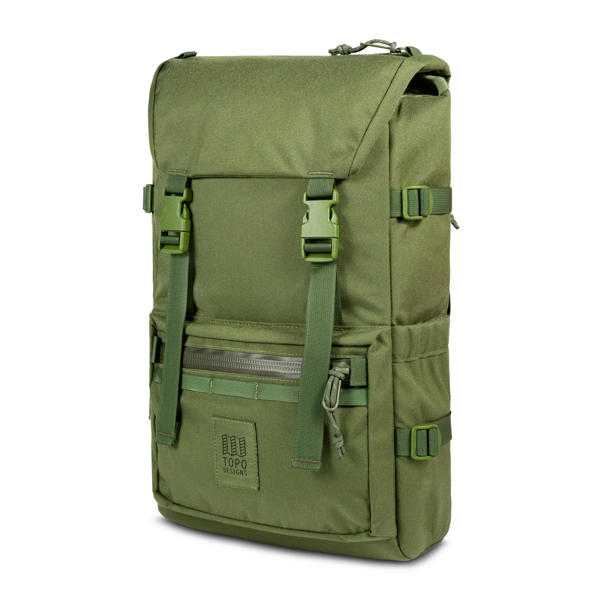 An olive backpack on a gray background.