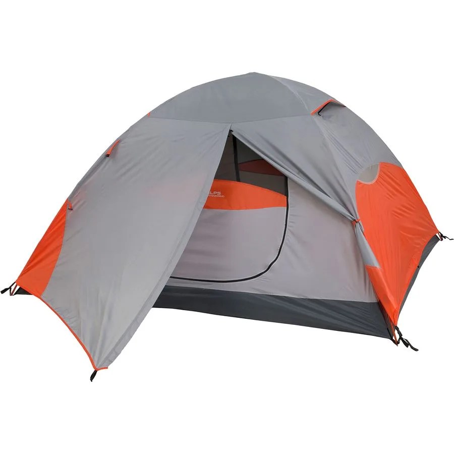 a gray tent with orange accents
