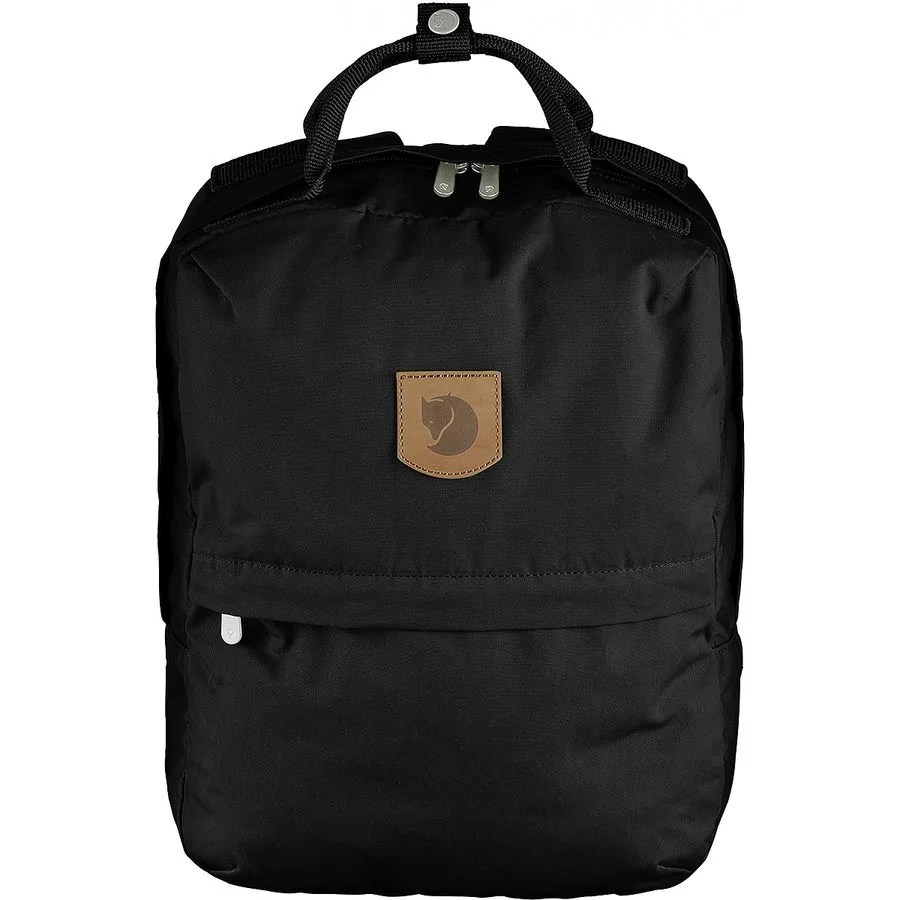 A black backpack on a white background.