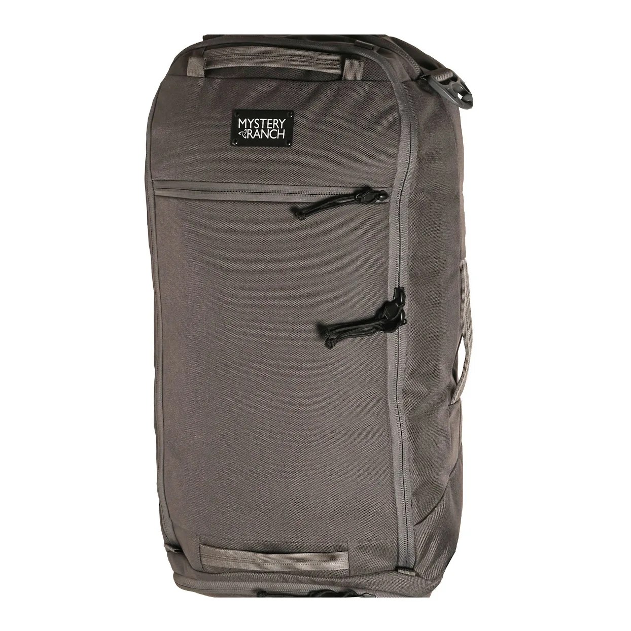 A gray backpack on a gray background.