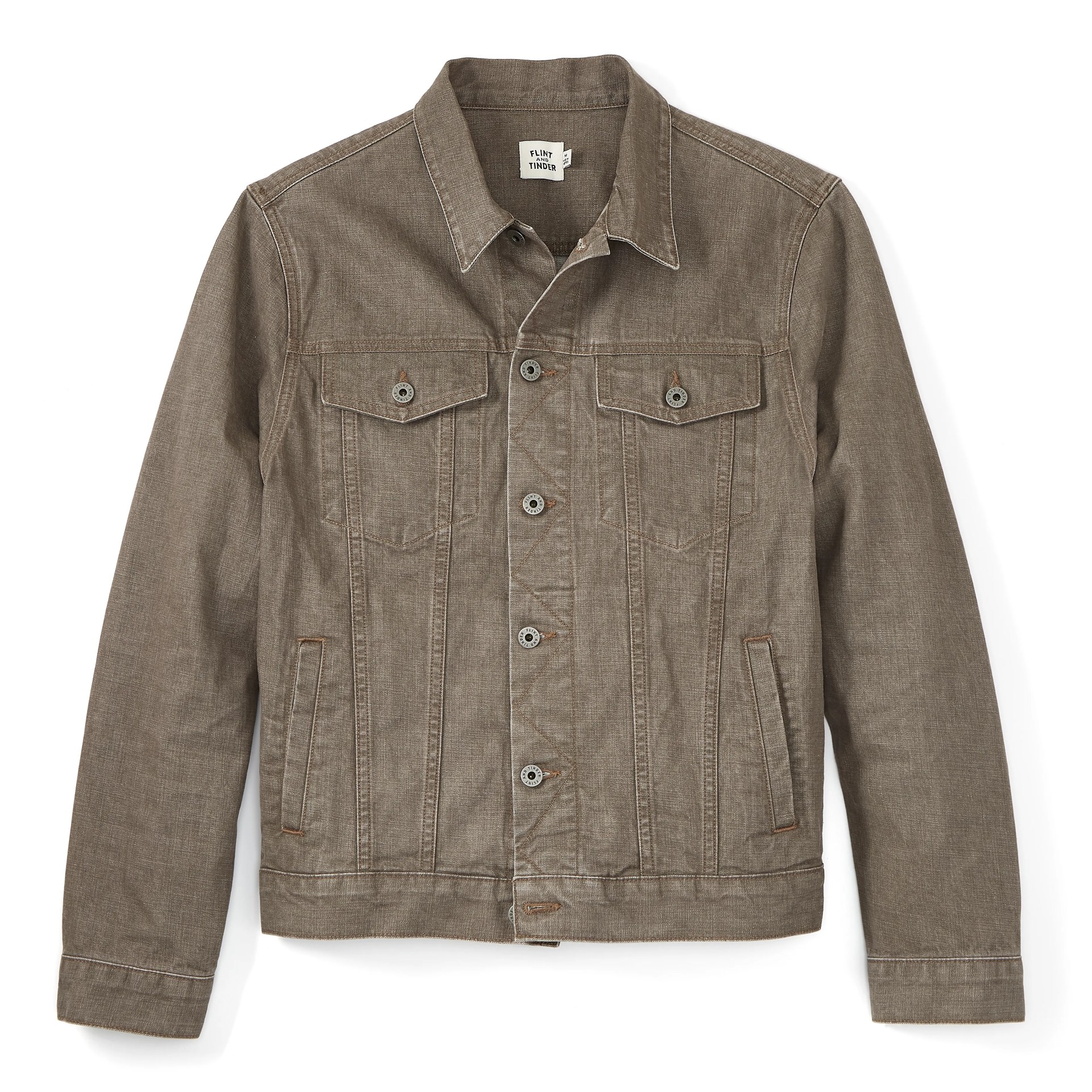 A brown denim jacket on a gray background.