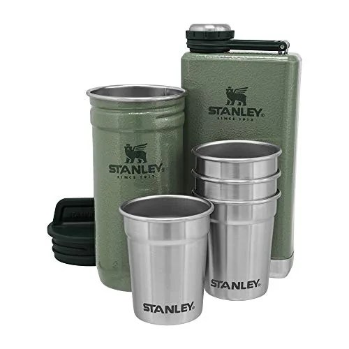 green flask with 4 metal shot glasses and thermos