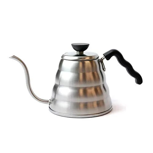 A stainless steel gooseneck coffee kettle on a gray background.