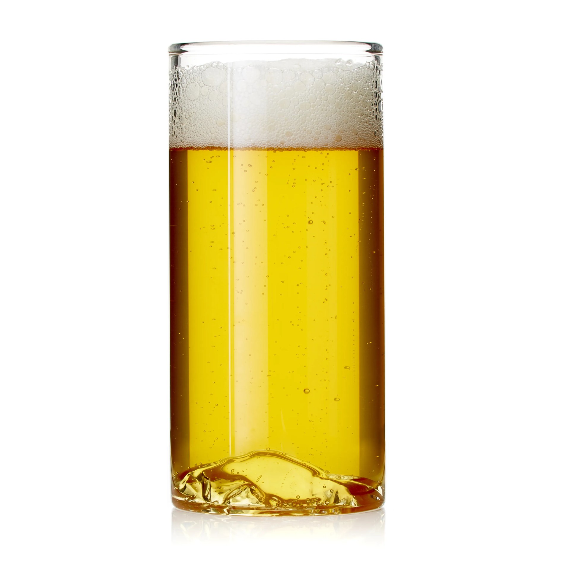 A clear, tall beer glass on a gray background.