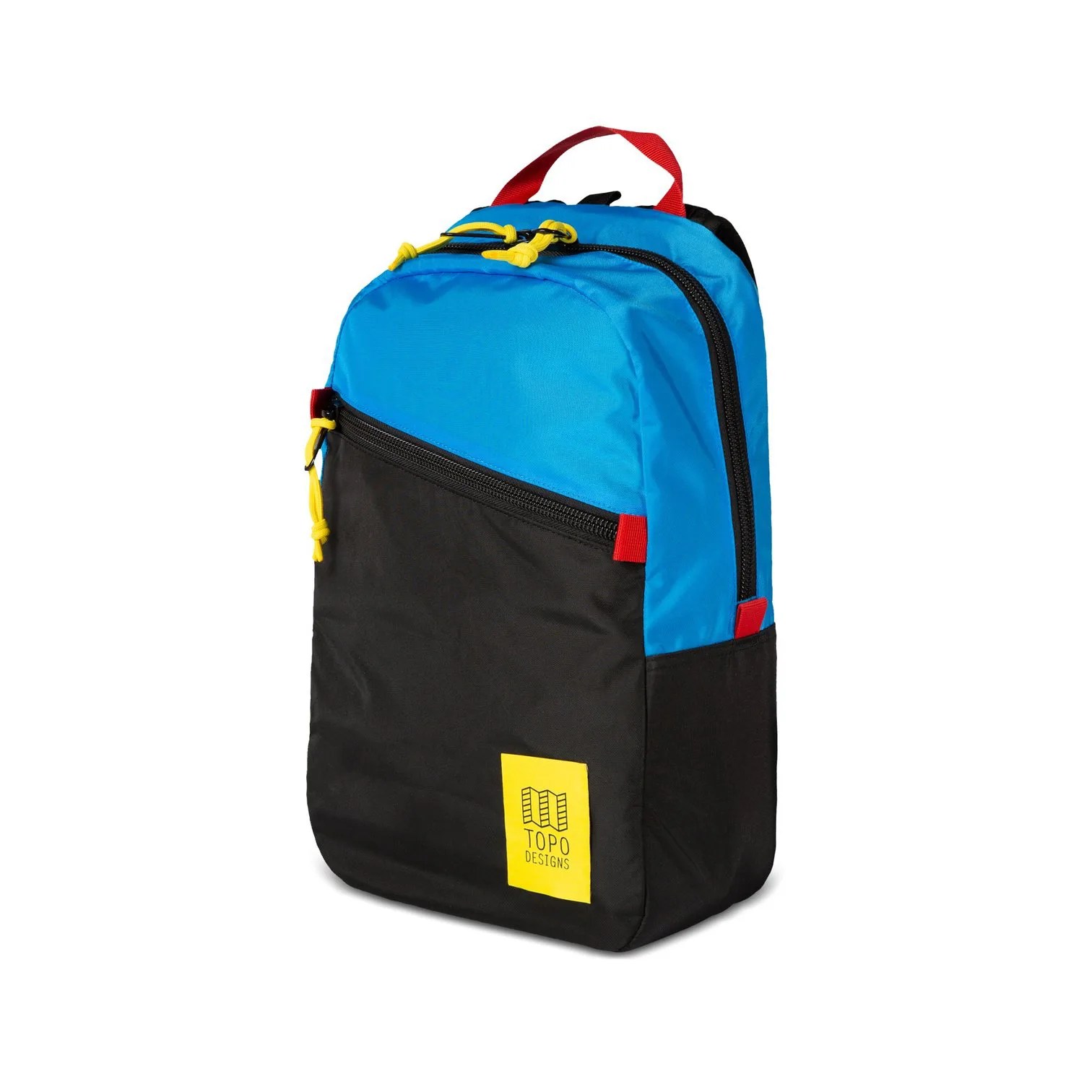 A black and blue backpack on a gray background.