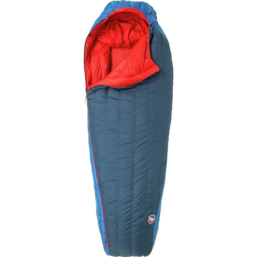 A blue sleeping bag with a red interior