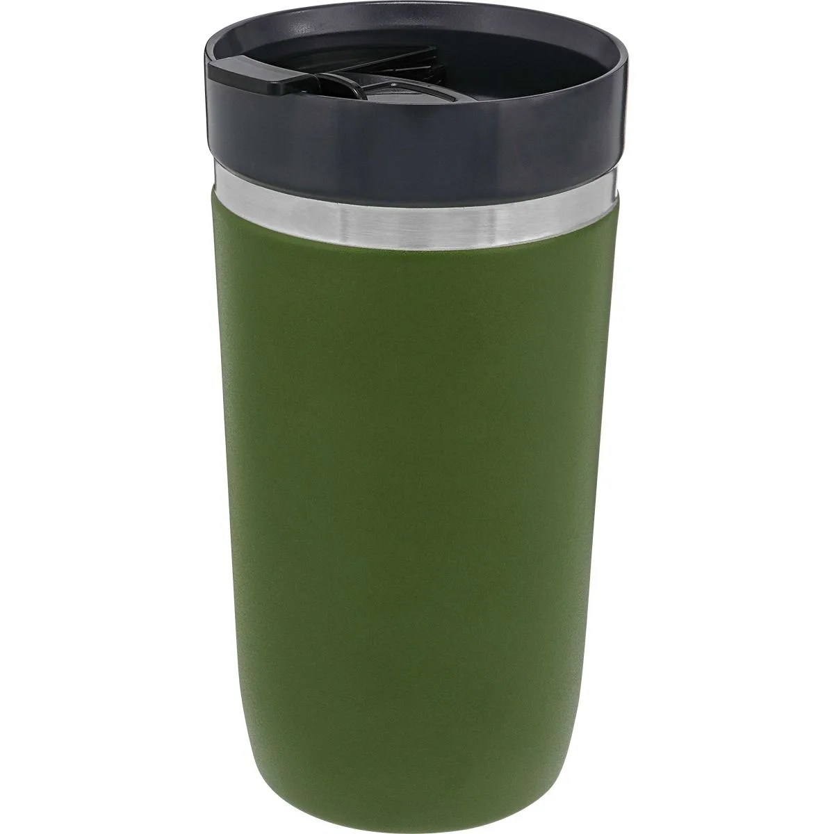 a green travel mug with a black cap