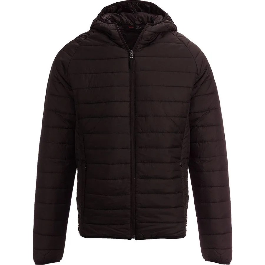 A black hooded insulated jacket on a gray background.
