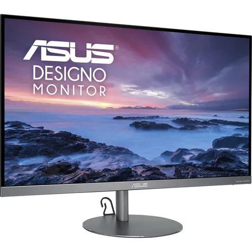 A computer monitor on a gray background.