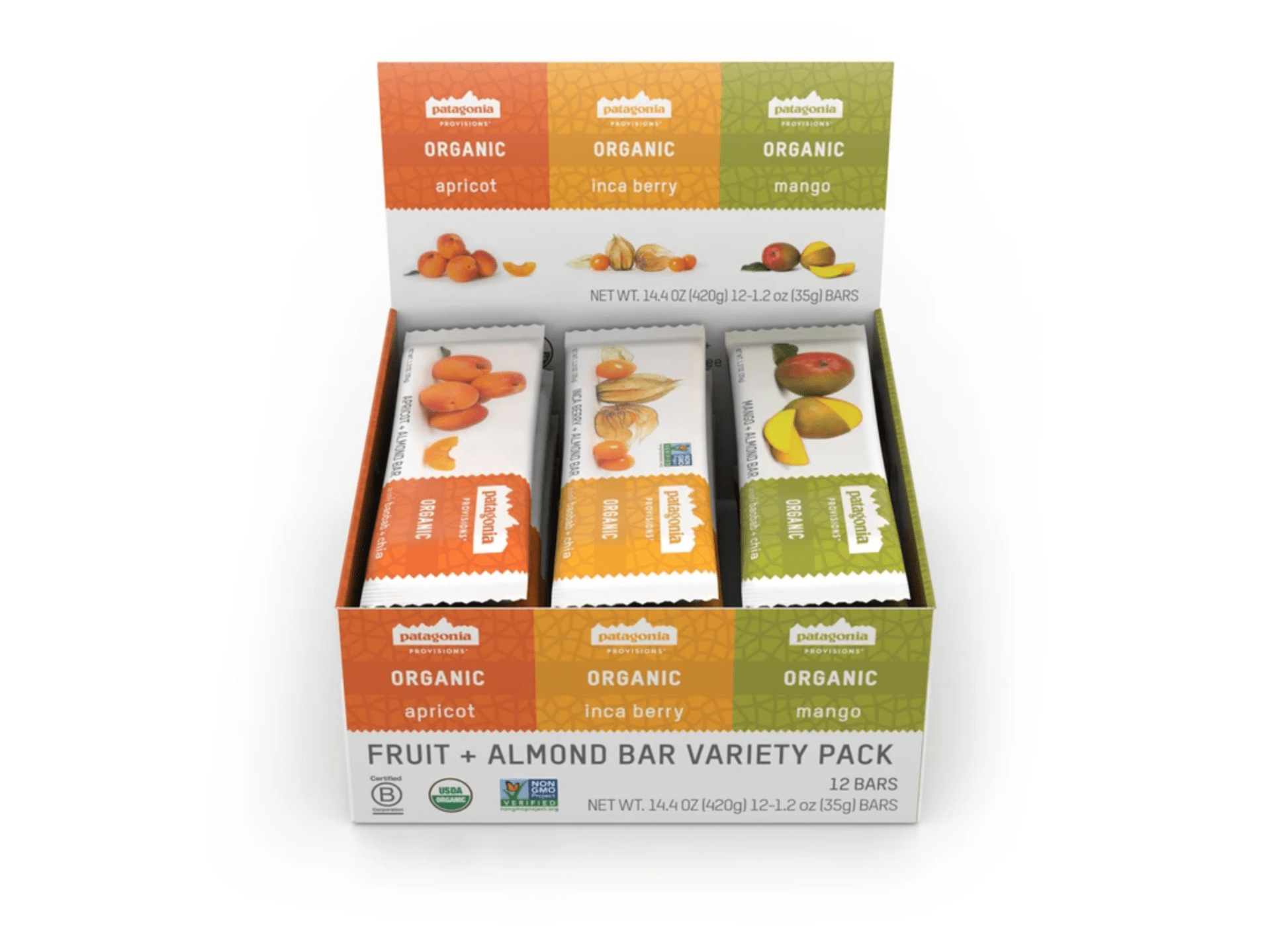 A box of organic fruit bars on a gray background.