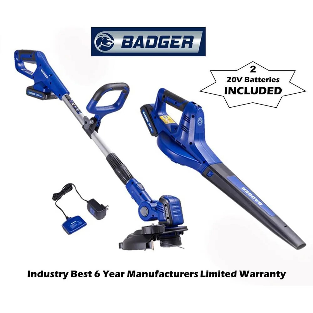 A weed wacker, leaf blower and battery pack on a white background.
