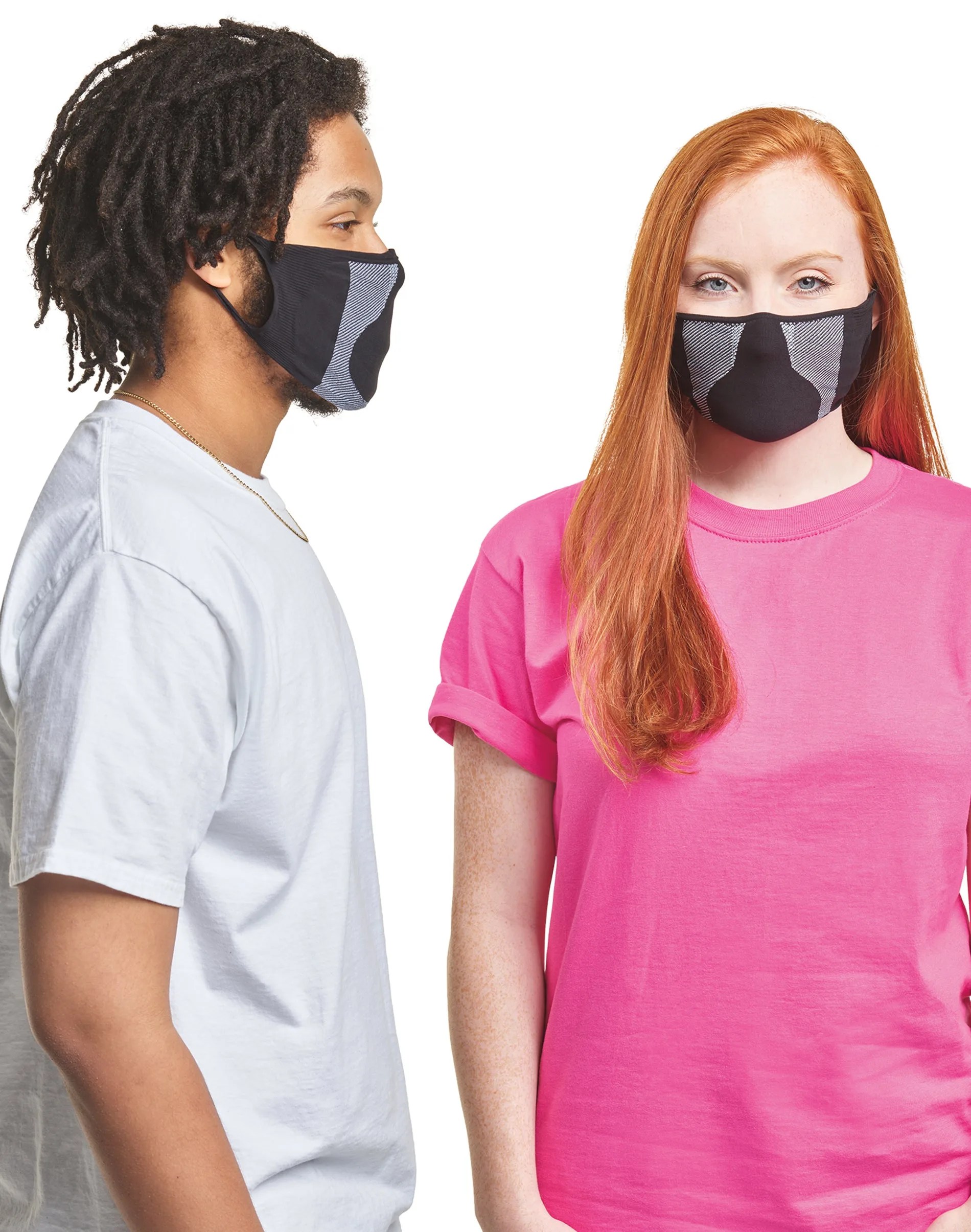 A man and woman wearing black face masks.