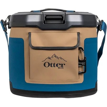 A blue and tan soft cooler on a white background.