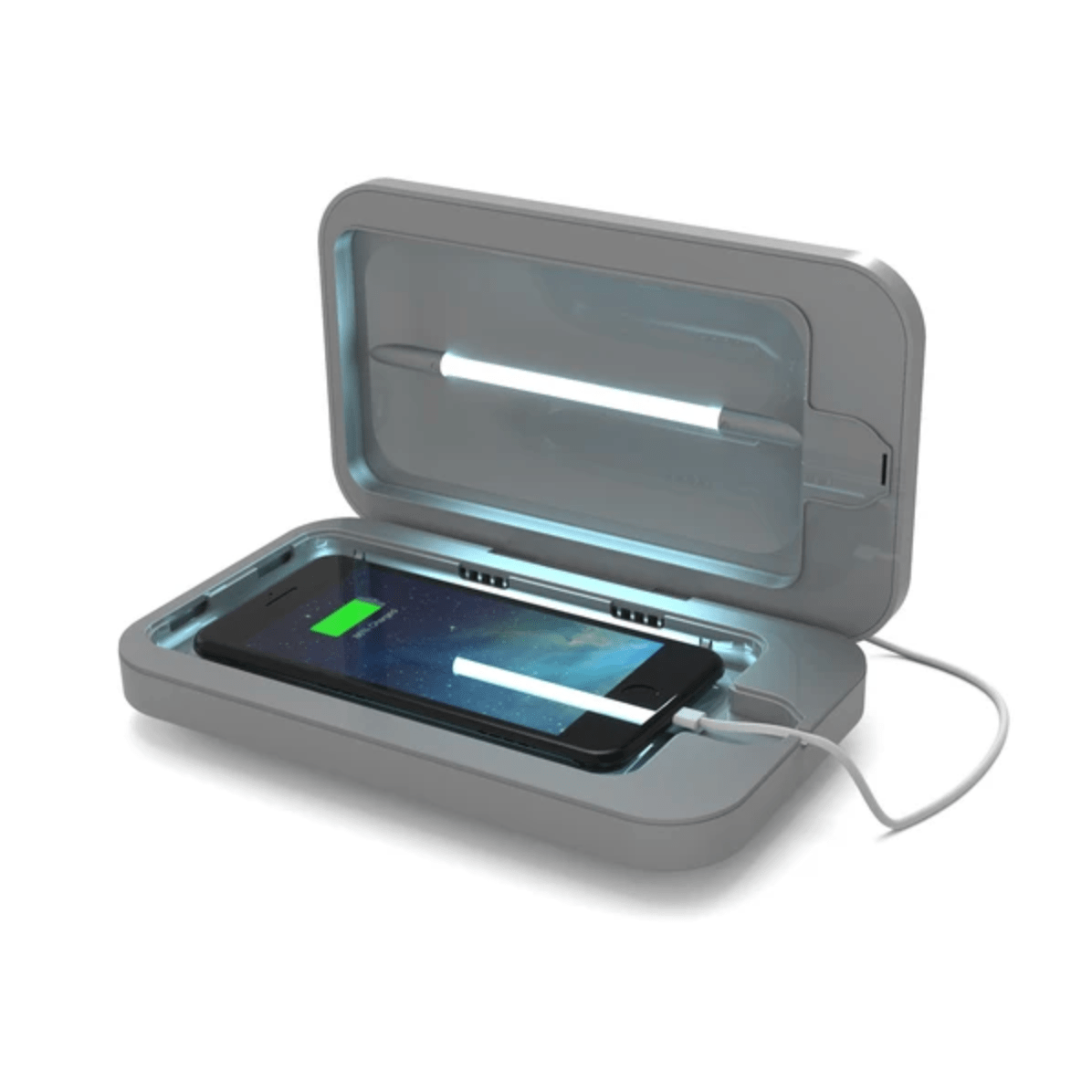 A gray smartphone UV sanitizer with a phone on a white background.