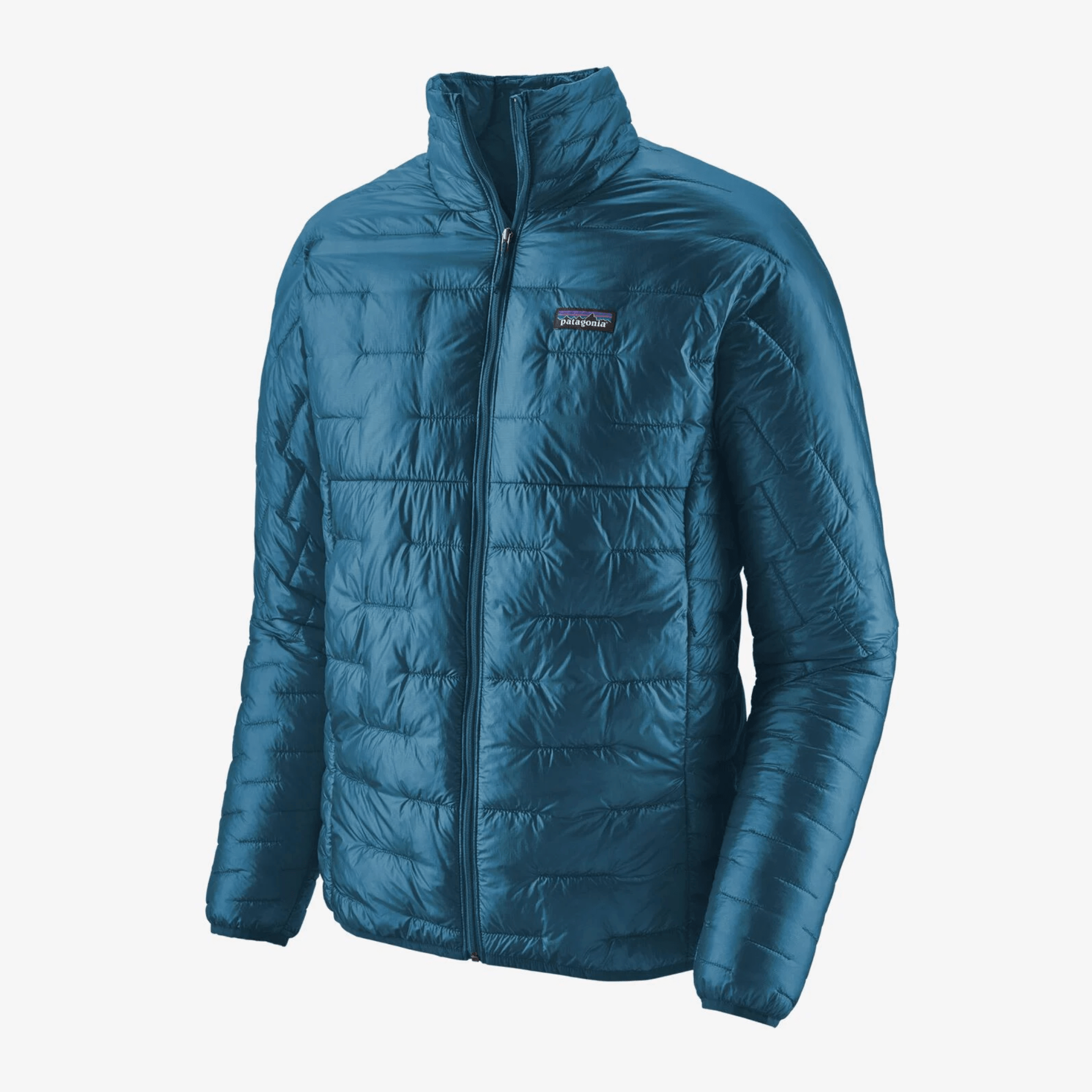 A blue insulated jacket on a gray background.