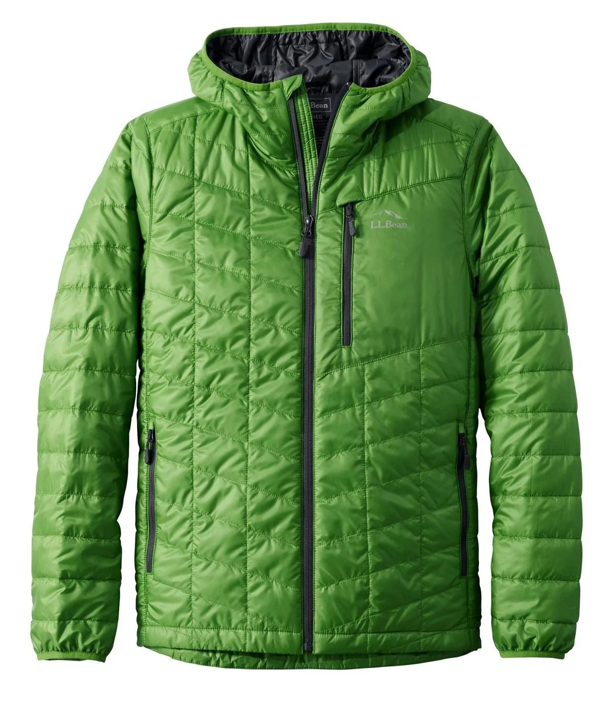 A green insulated hooded jacket on a white background.