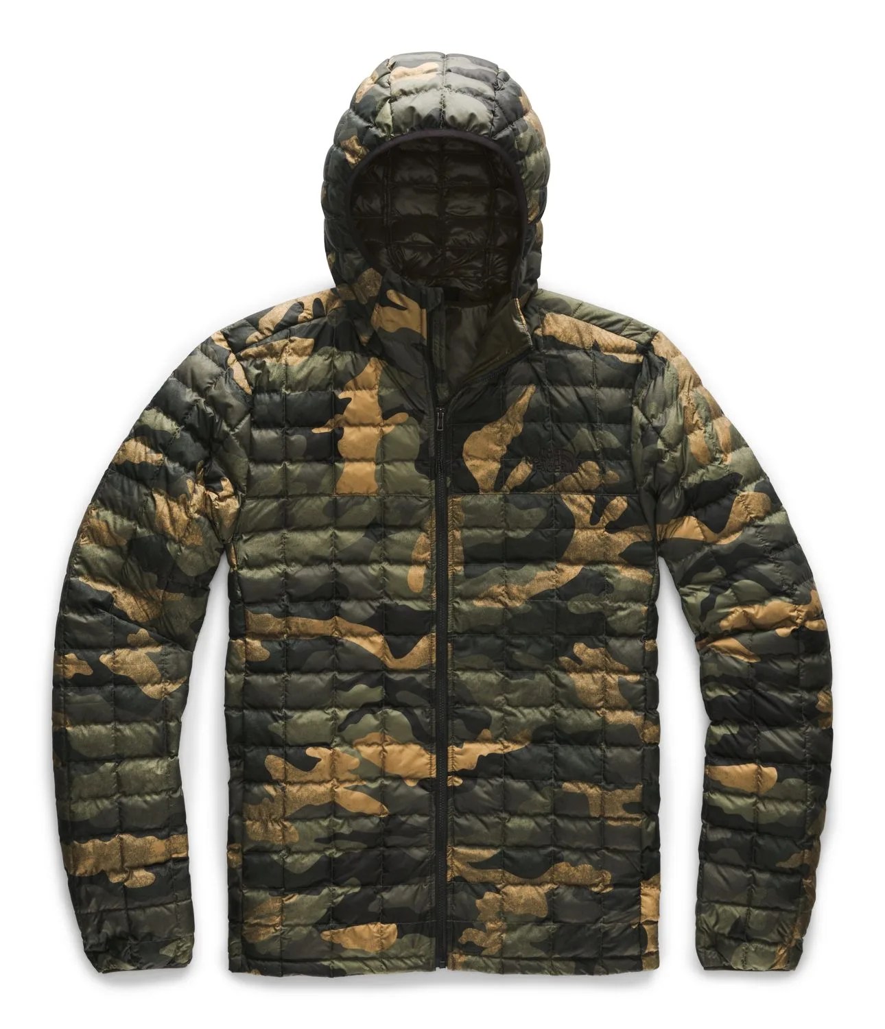 A camo insulated hooded jacket on a white background.
