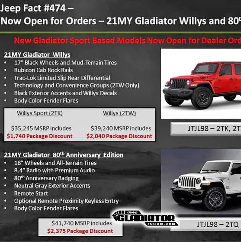 jeep gladiator dealer bulletin for willy's and 80th anniversary special editions
