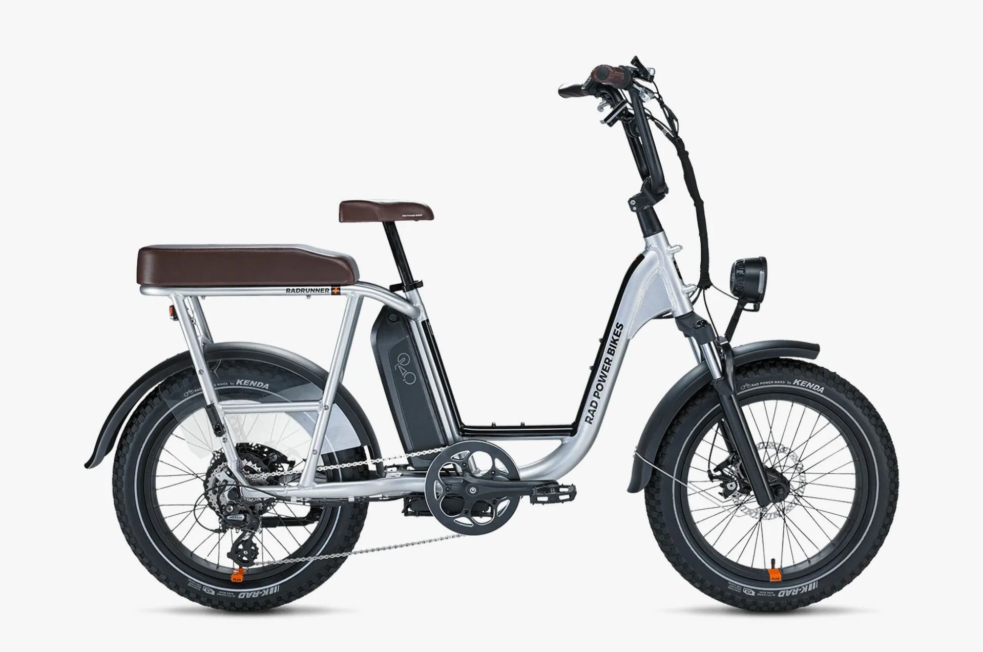 a compact silver e bike with an extra seat on a white background