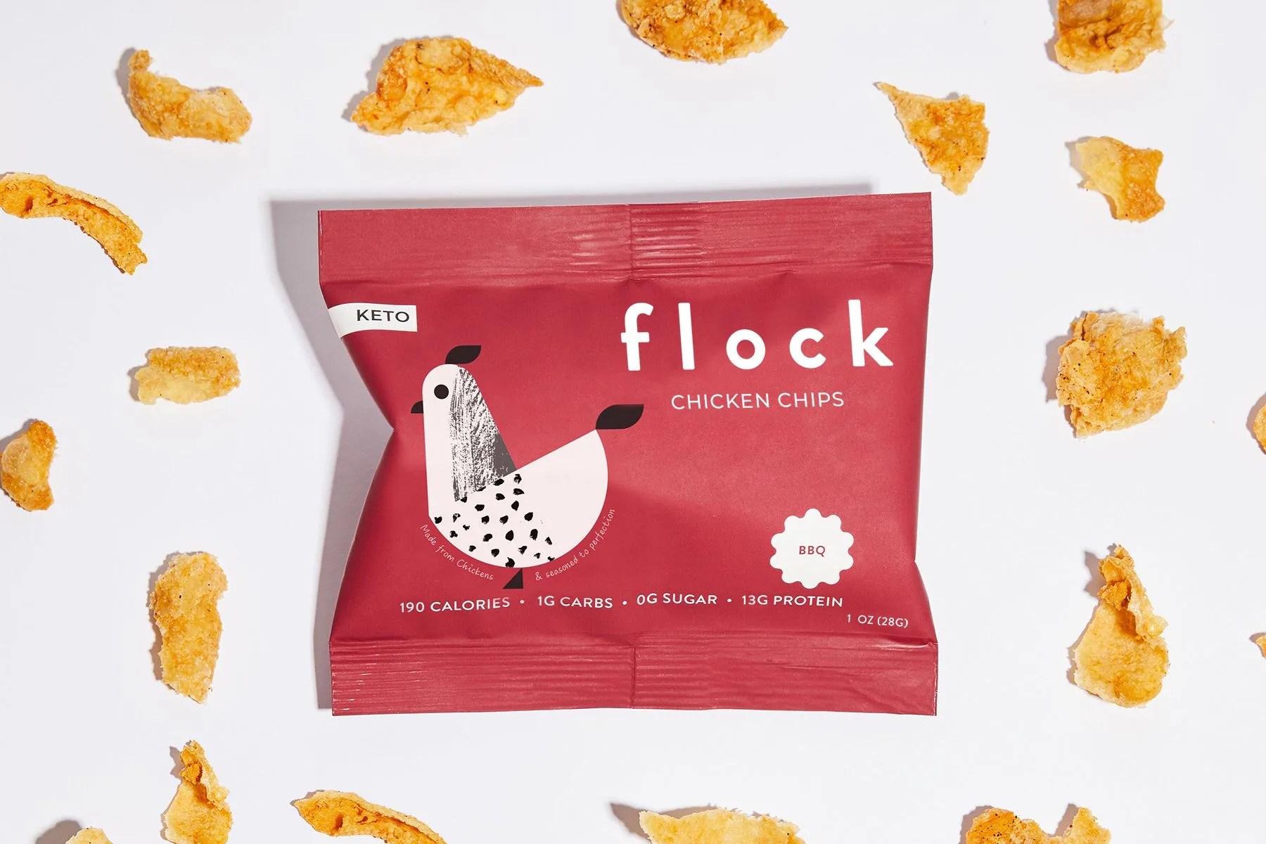 red bag of flock chips surrounded by chips