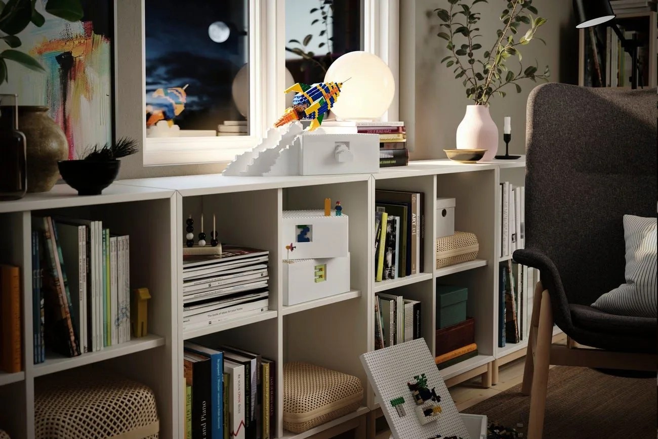 book shelf with lego