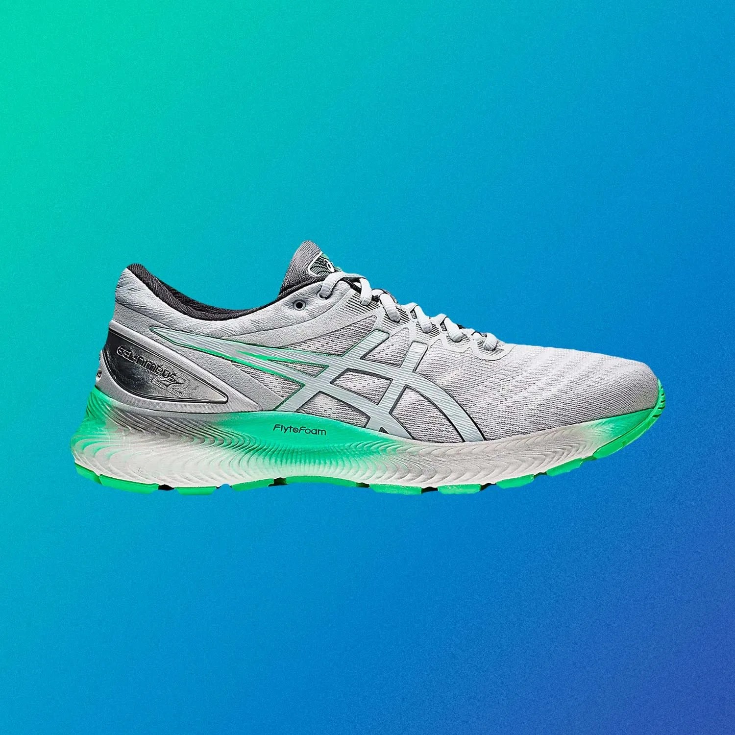 a gray running shoe on a blue background