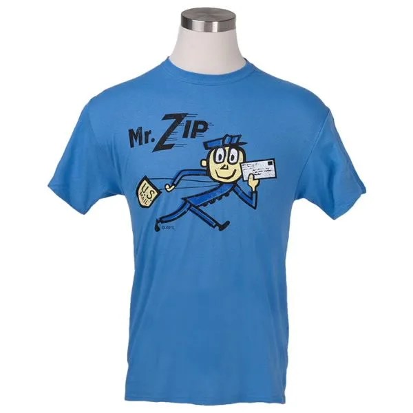 blue t shirt with cartoon mail man