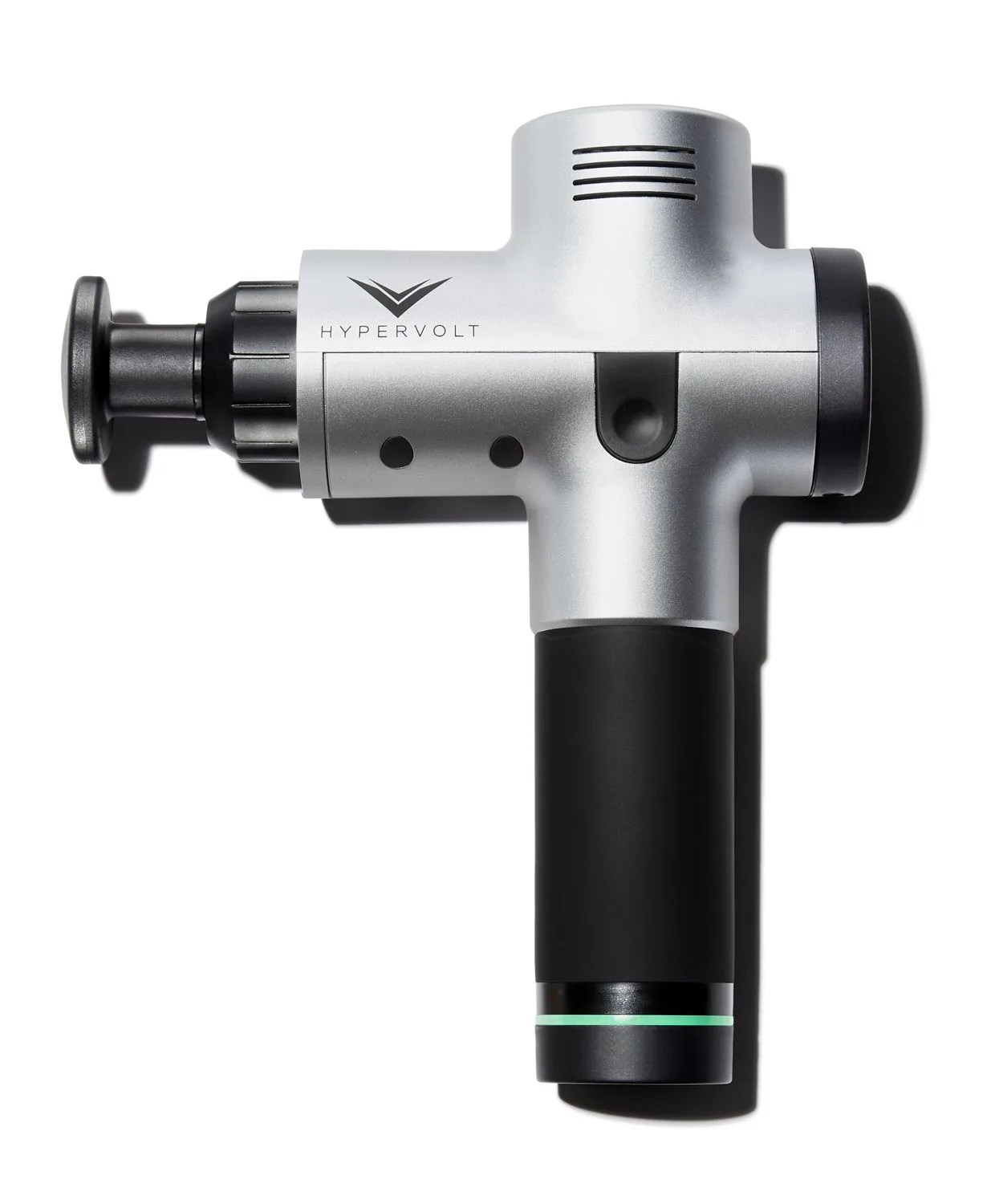 A silver and black massage gun