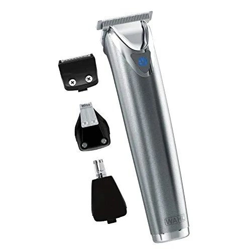 A stainless steel beard trimmer with head fittings on a white background.