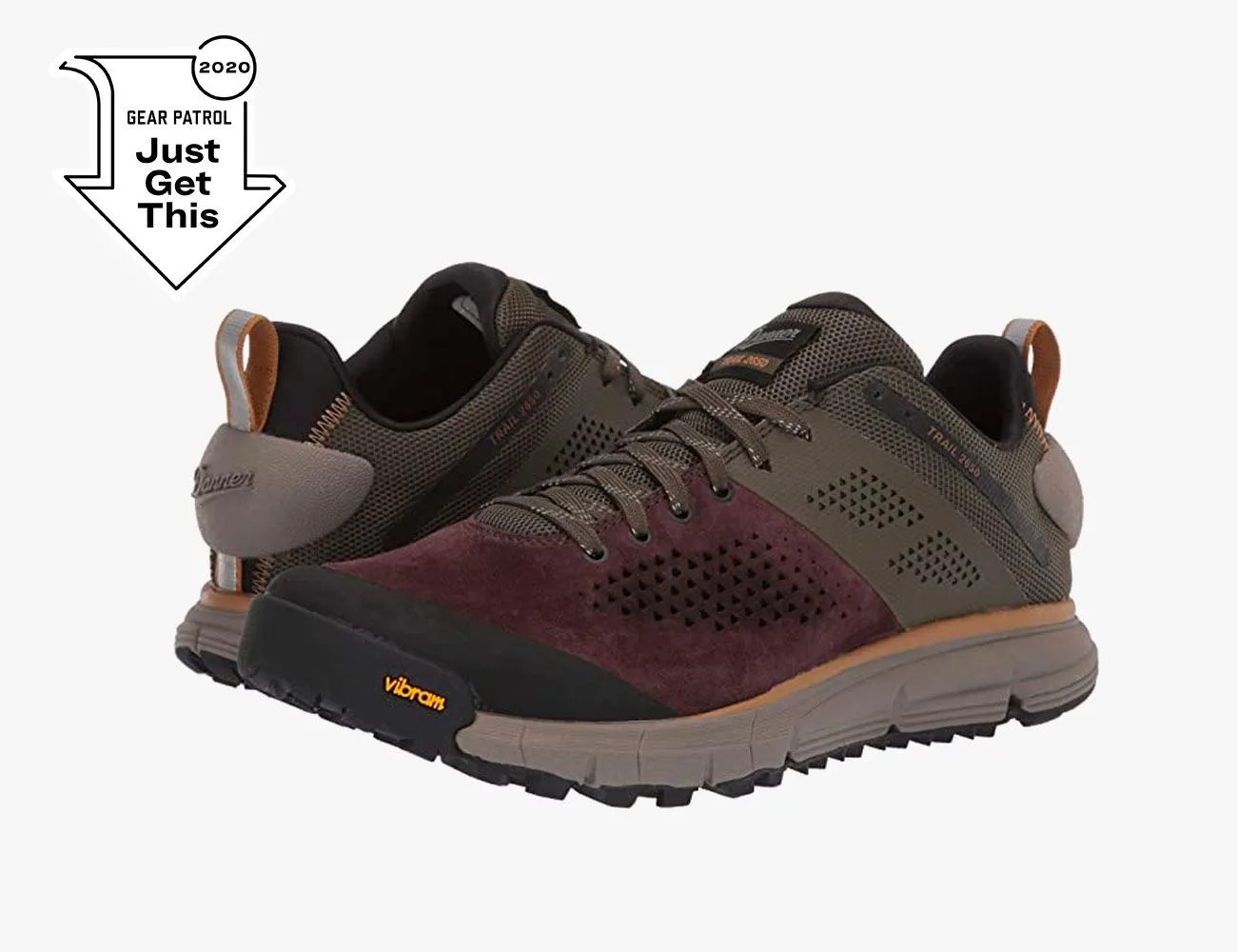 a pair of brown and green hiking shoes