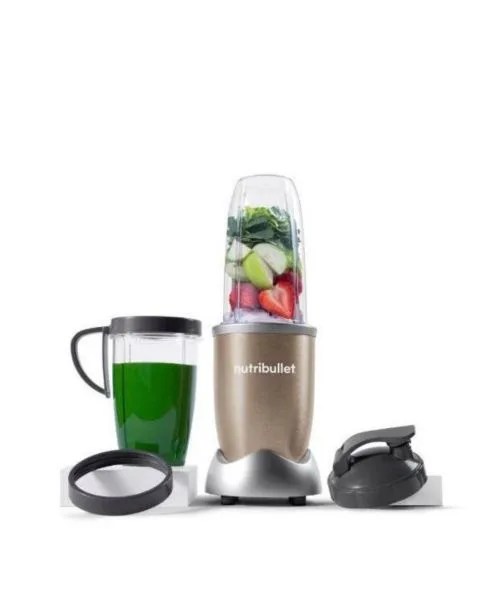 A blender with different cups and lids on a white background.