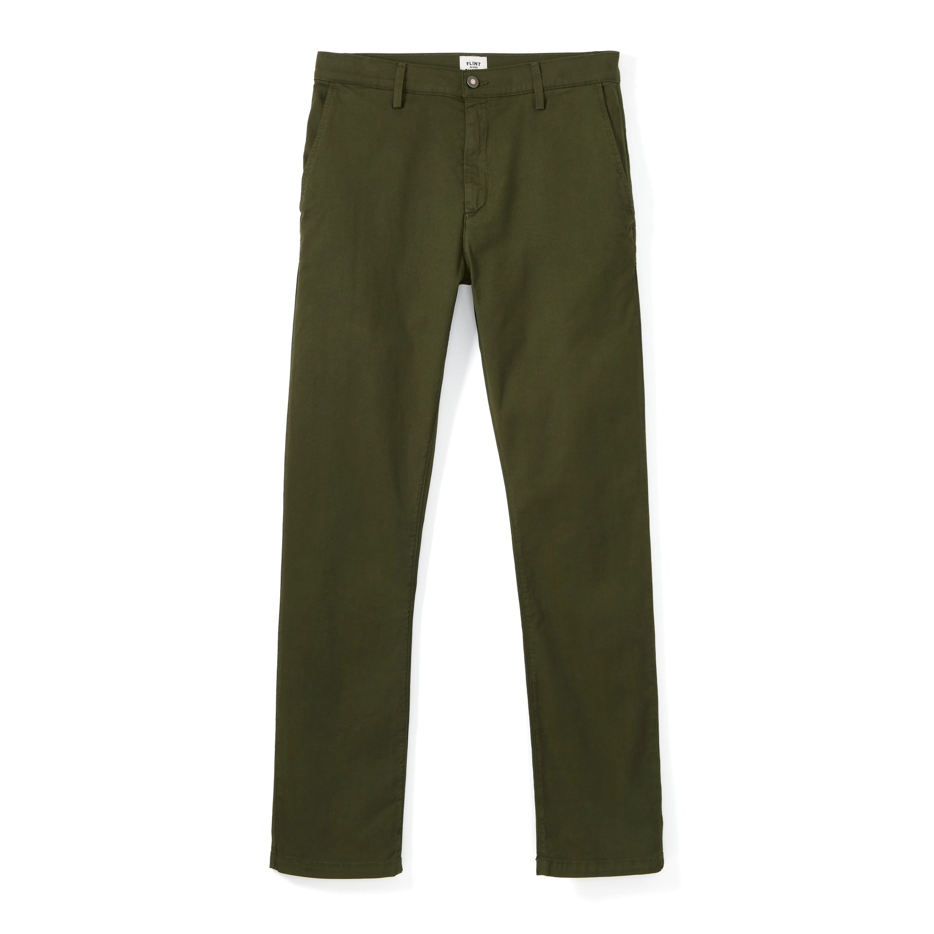 A pair of olive chinos on a gray background.