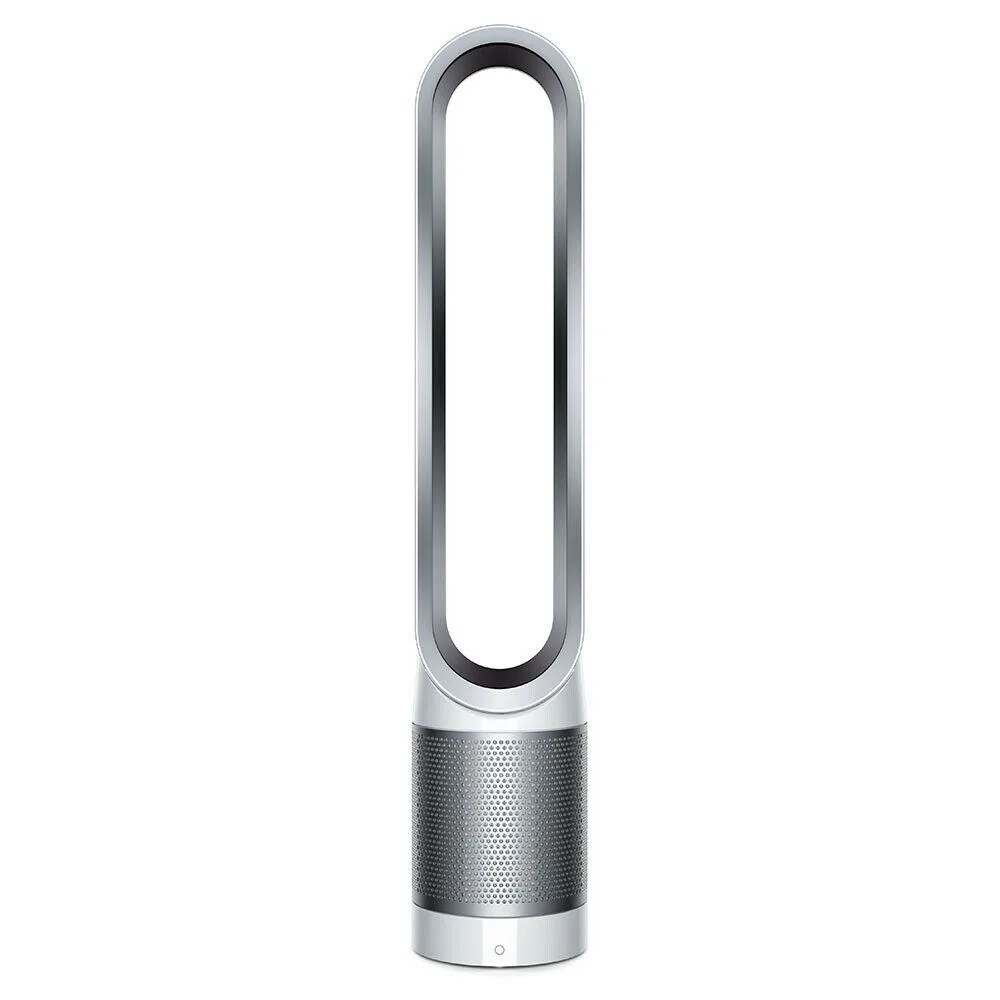 A tower fan with a hole on it a white background.