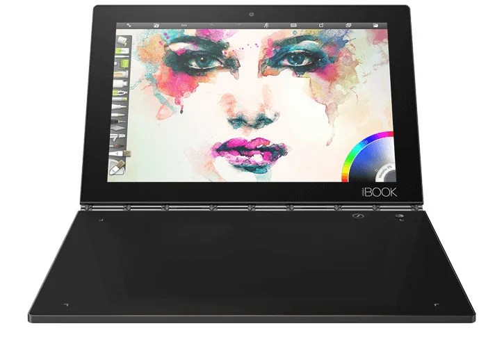 A black touchscreen tablet/laptop.