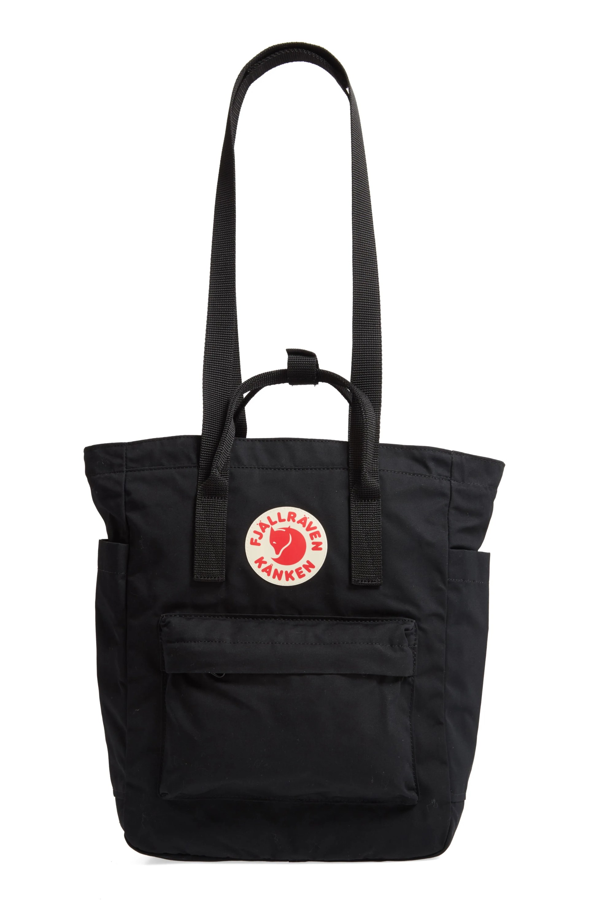 A black tote backpack on a gray background.