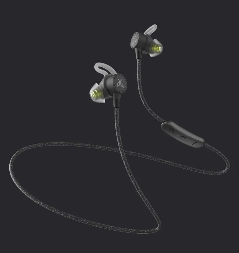 Black wireless earbuds on a black background.