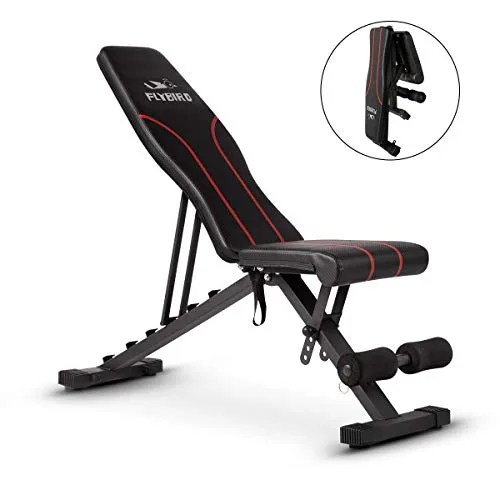 A black adjustable weightlifting bench on a gray background.
