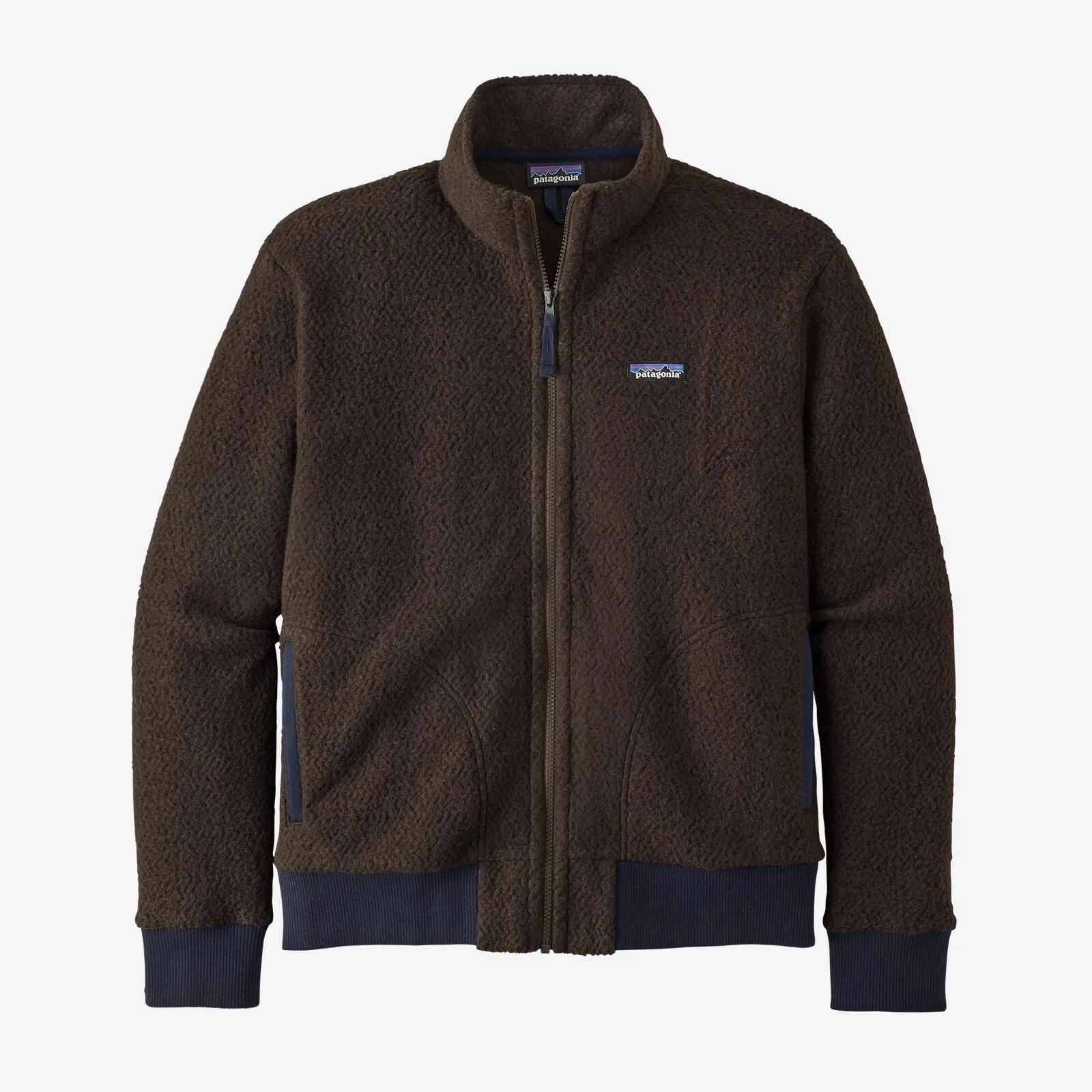 A brown fleece zip-up jacket on a gray background.