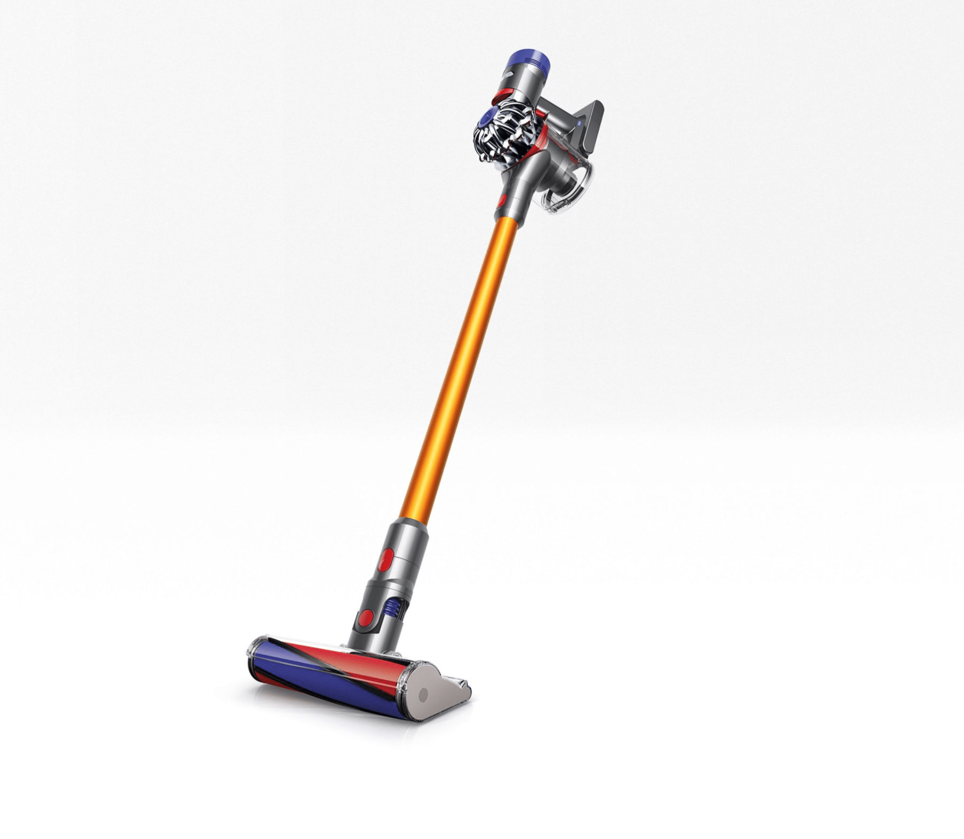 A cordless stick vacuum cleaner on a gray background.