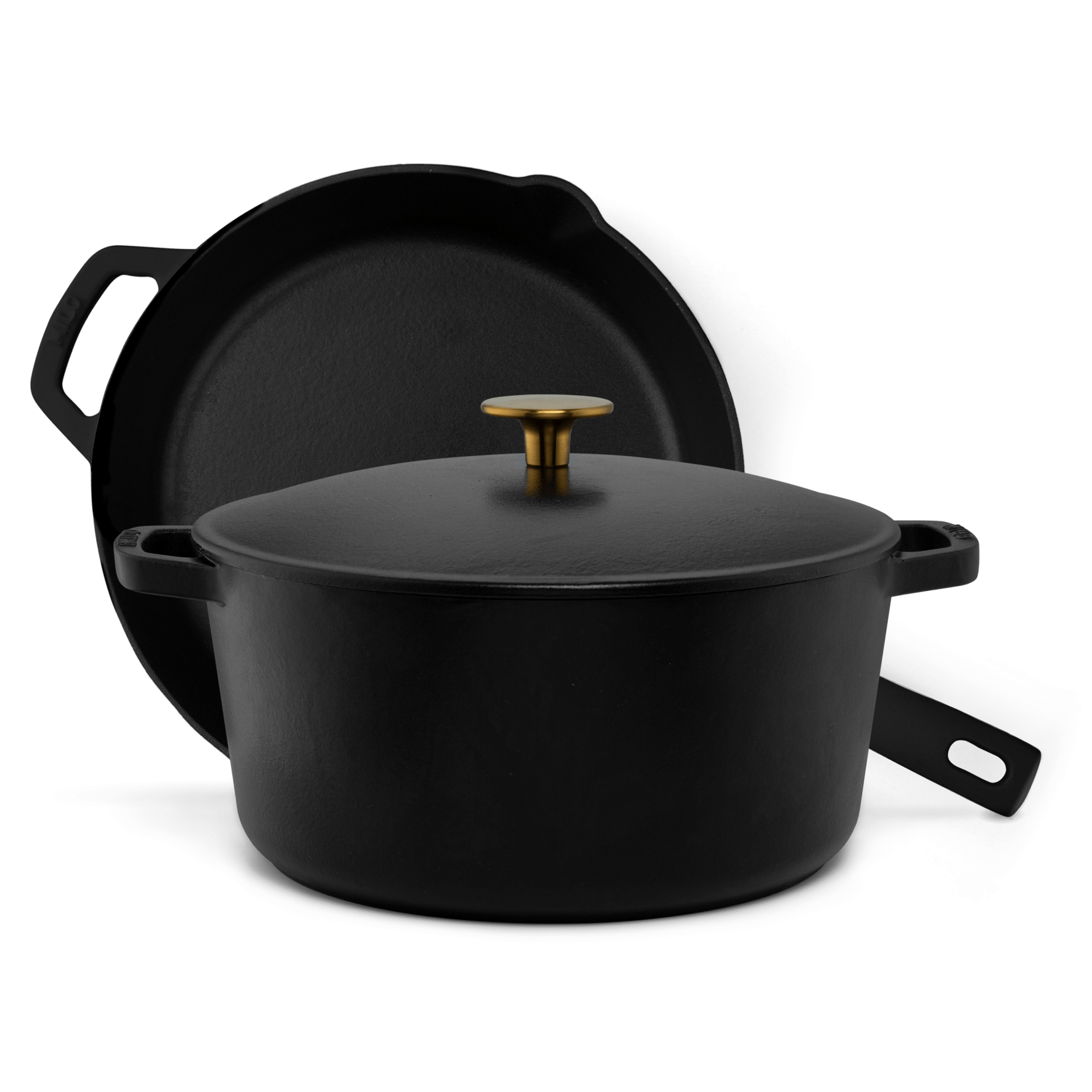 A black Dutch oven and cast-iron skillet on a gray background.
