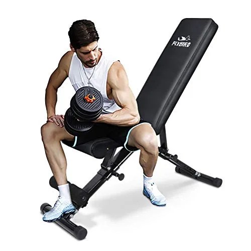 A model lifting a dumbbell on an adjustable weight bench.