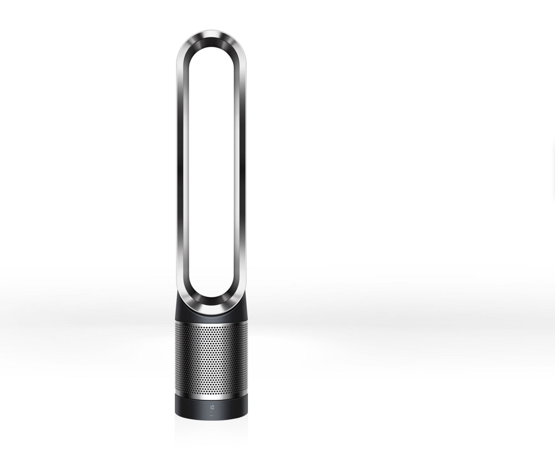 A fan/air purifier on a gray background.