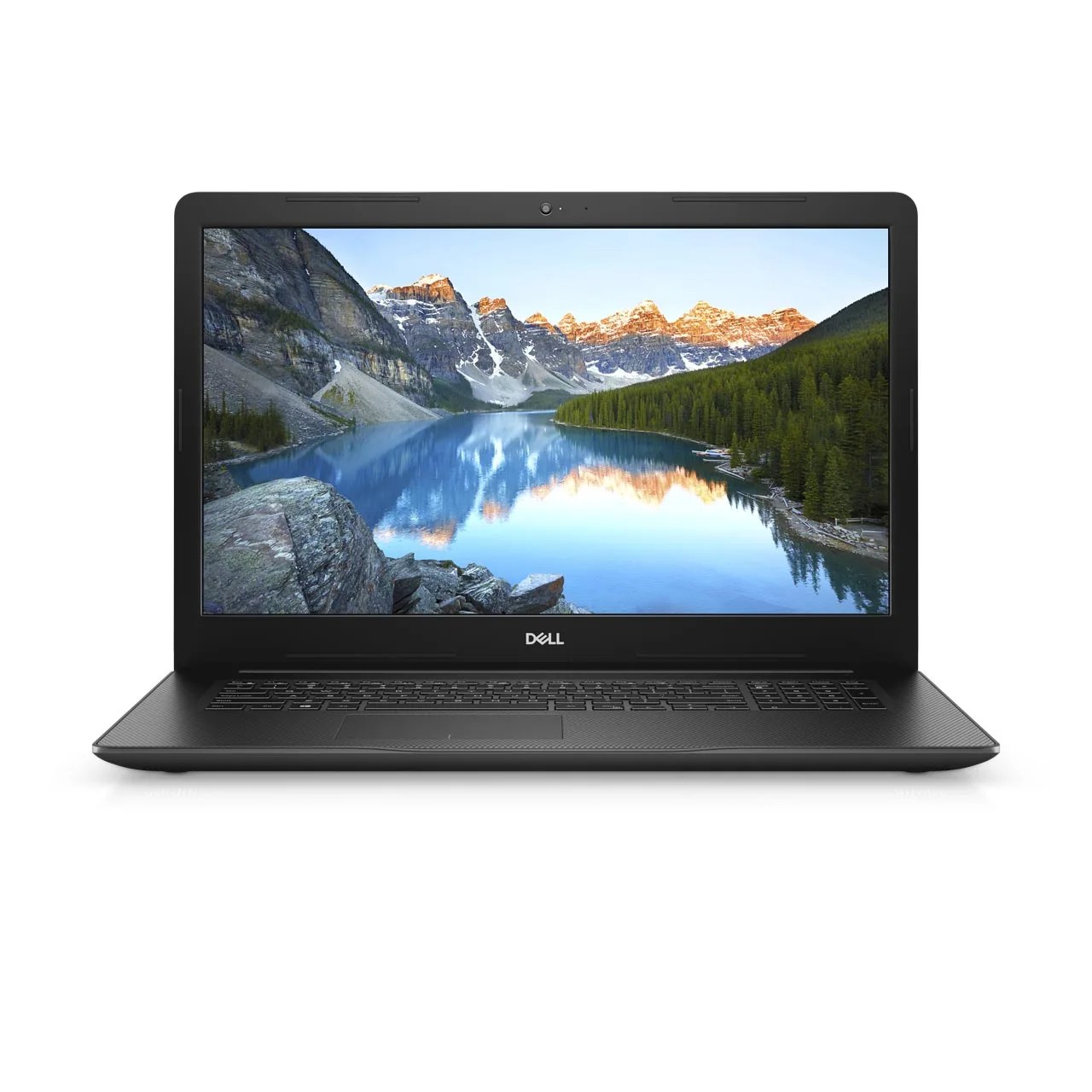 A black laptop with a river scene desktop photo.