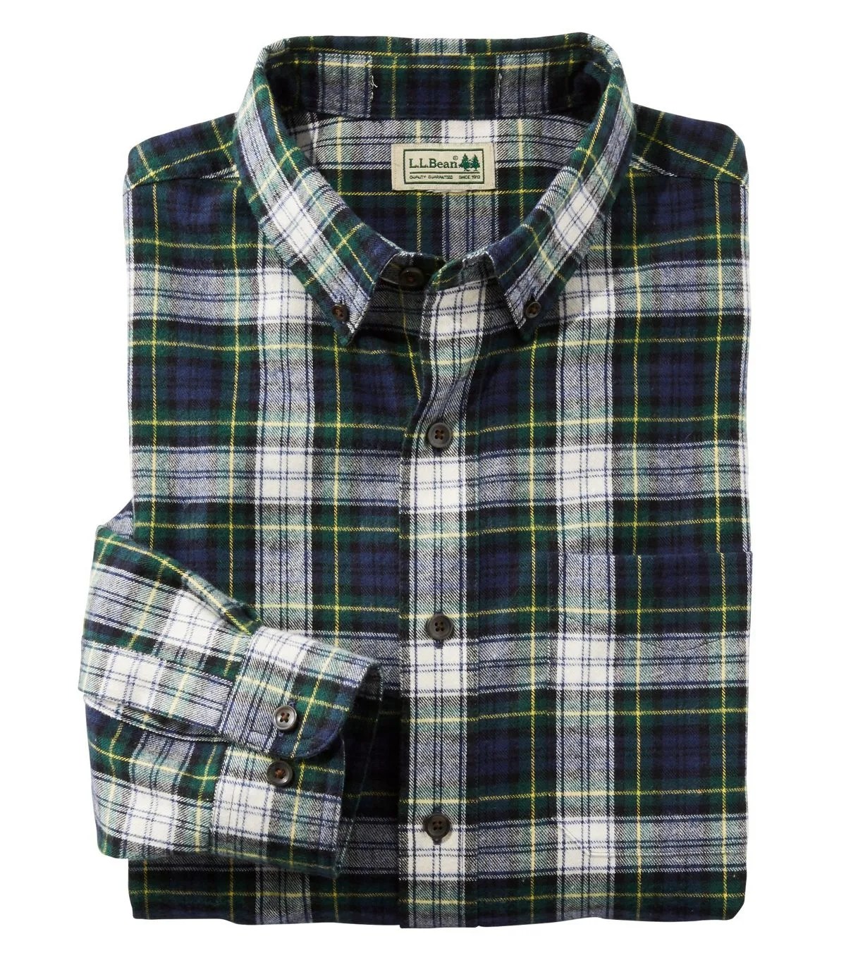 A blue and white Scotch plaid flannel shirt on a white background.