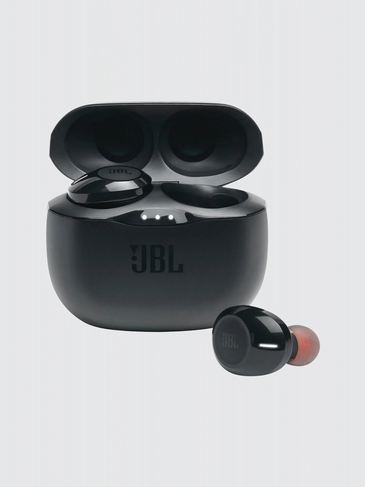 Black wireless earbuds and a black charging case.