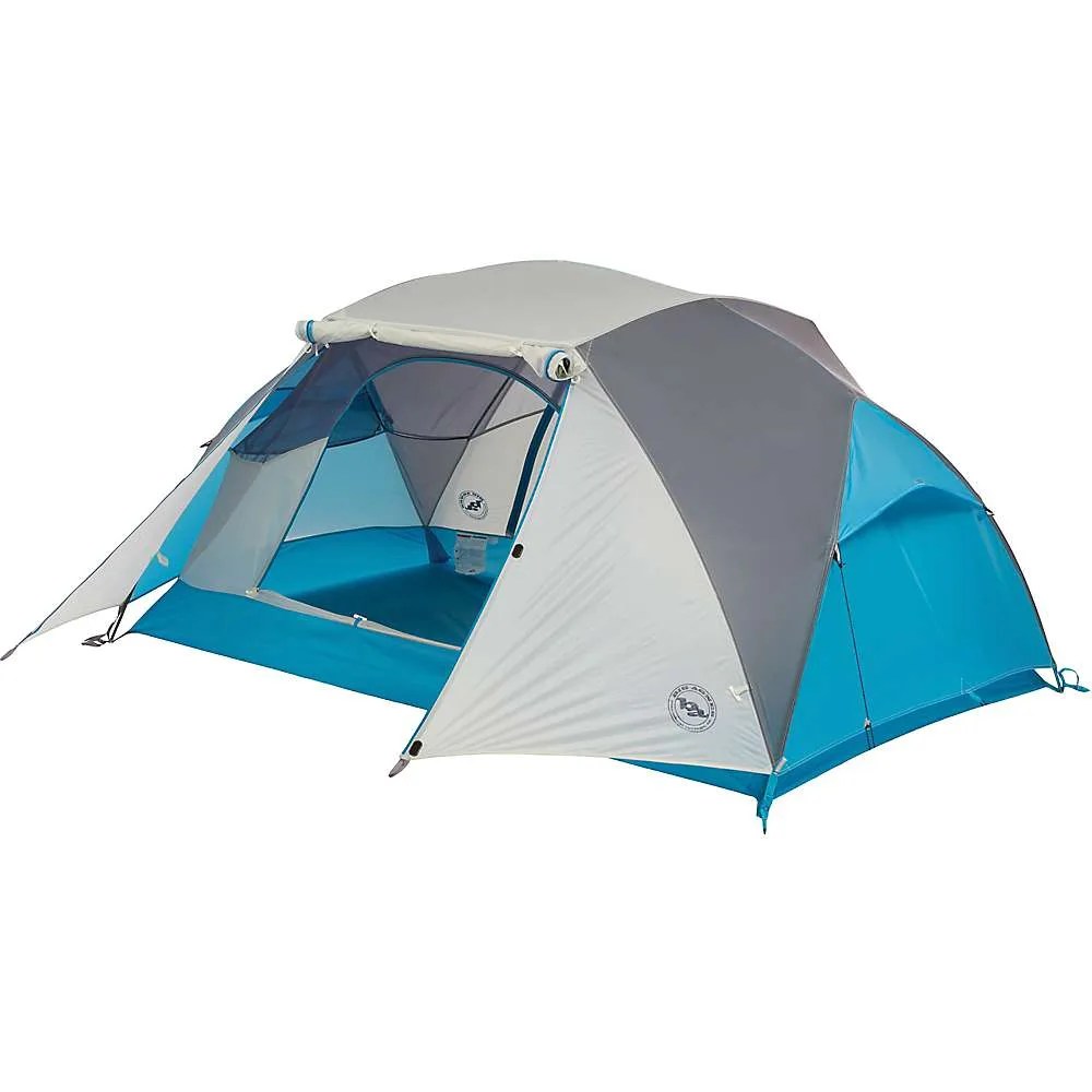 A gray and blue tent