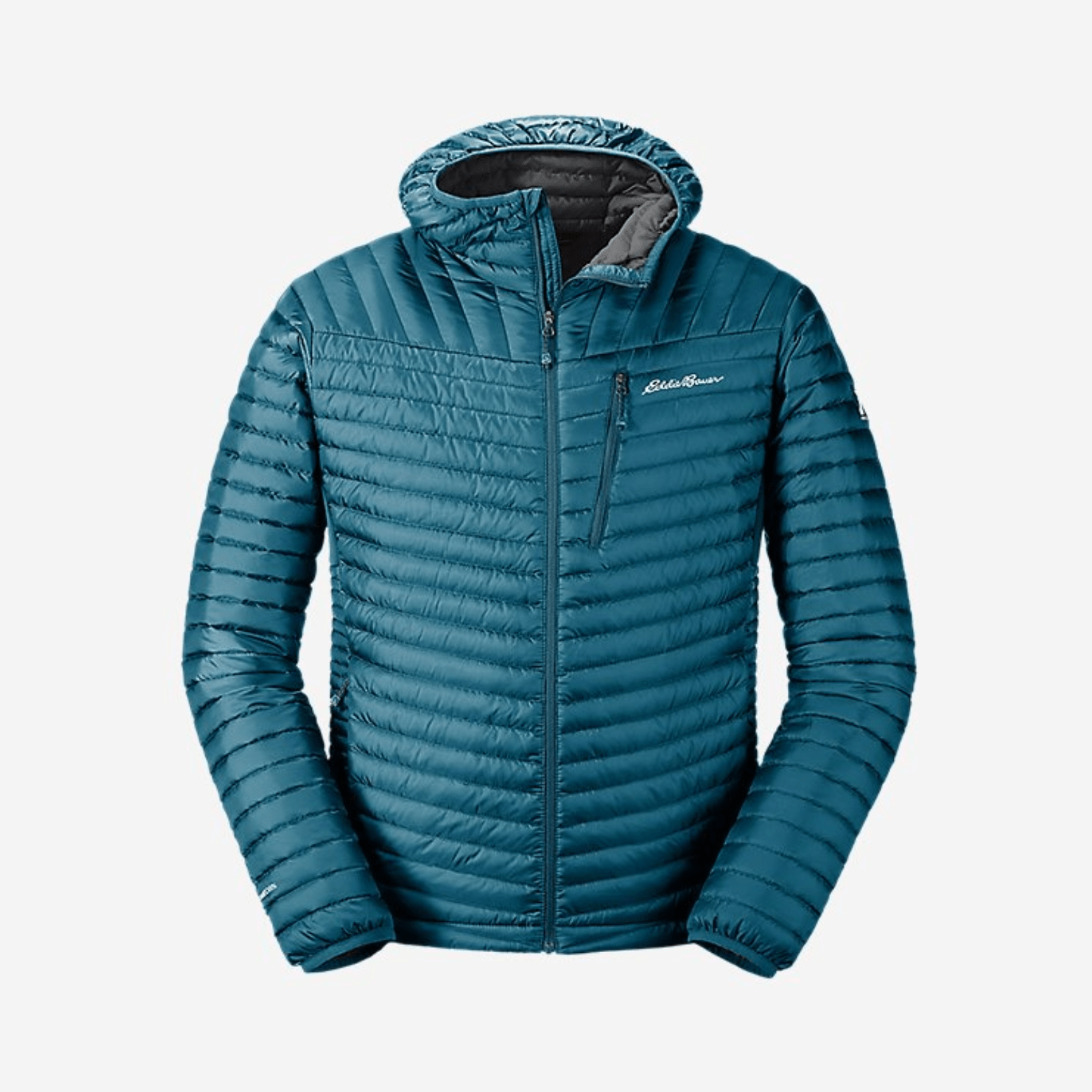 A blue hooded down jacket