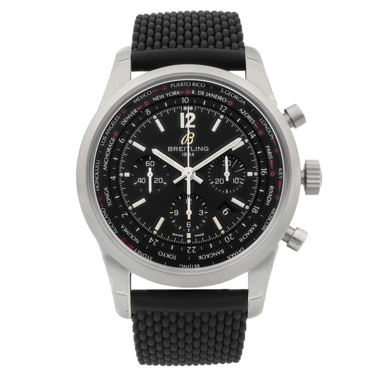 black chronograph watch on white background
