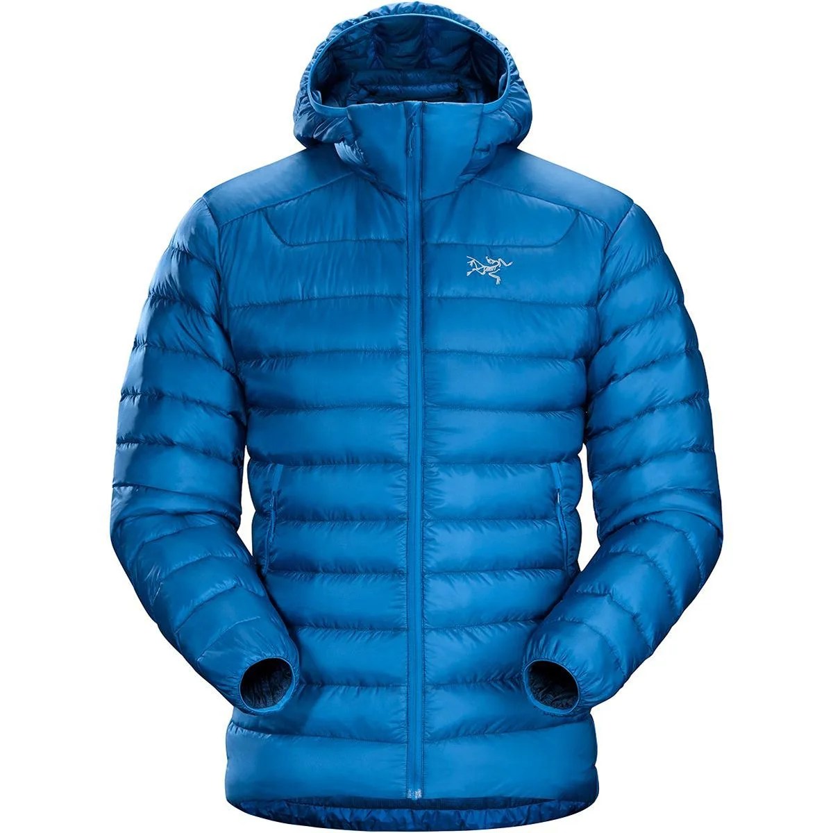 A blue insulated hooded jacket