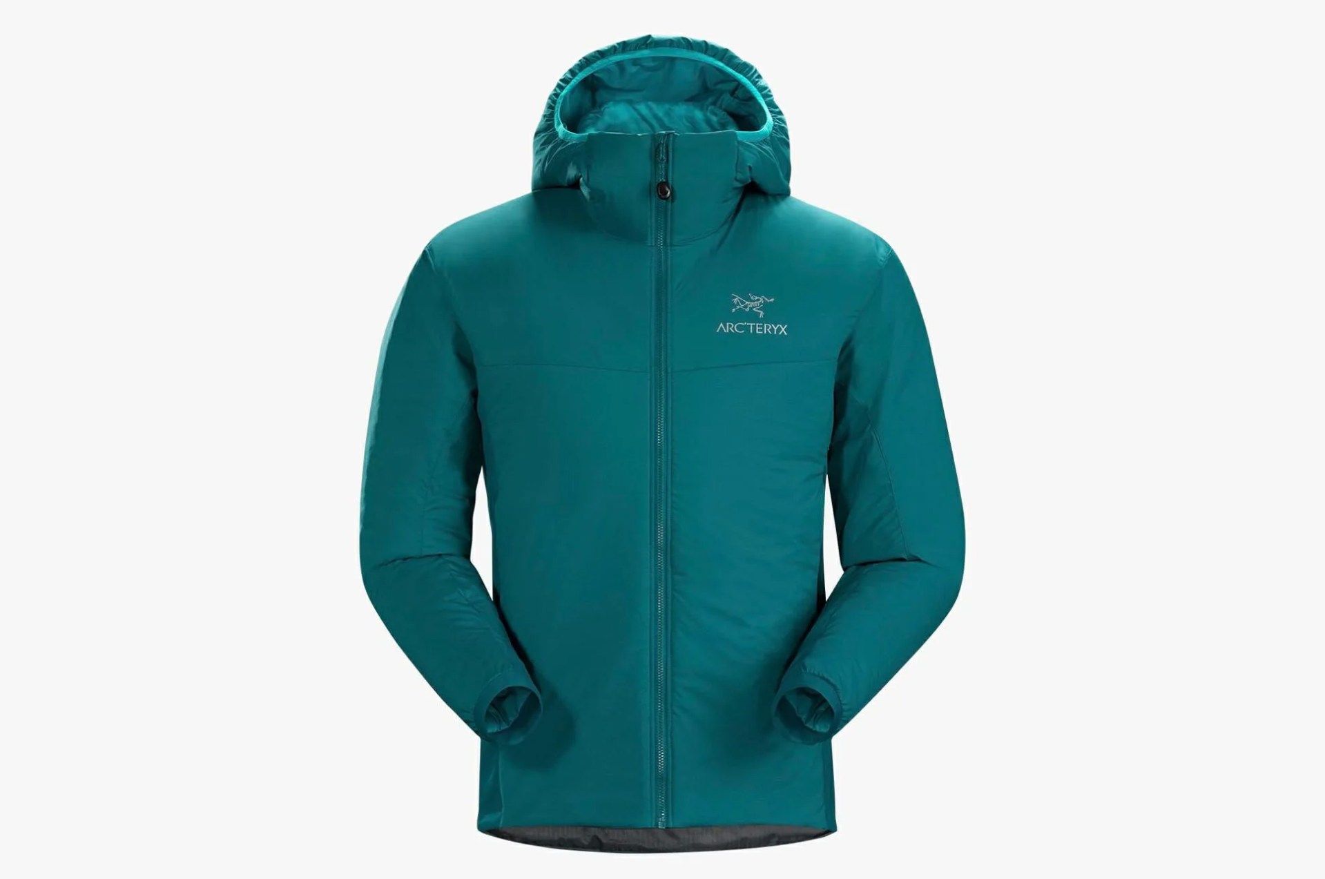 a teal zippered puffy jacket